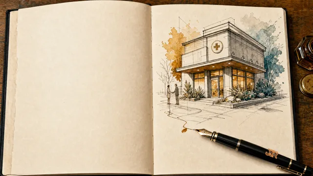 Ink wash of a small clinic at dusk with warm window light