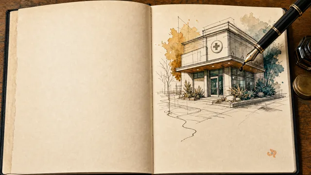 Open sketchbook with an urgent-care clinic drawing and a fountain pen
